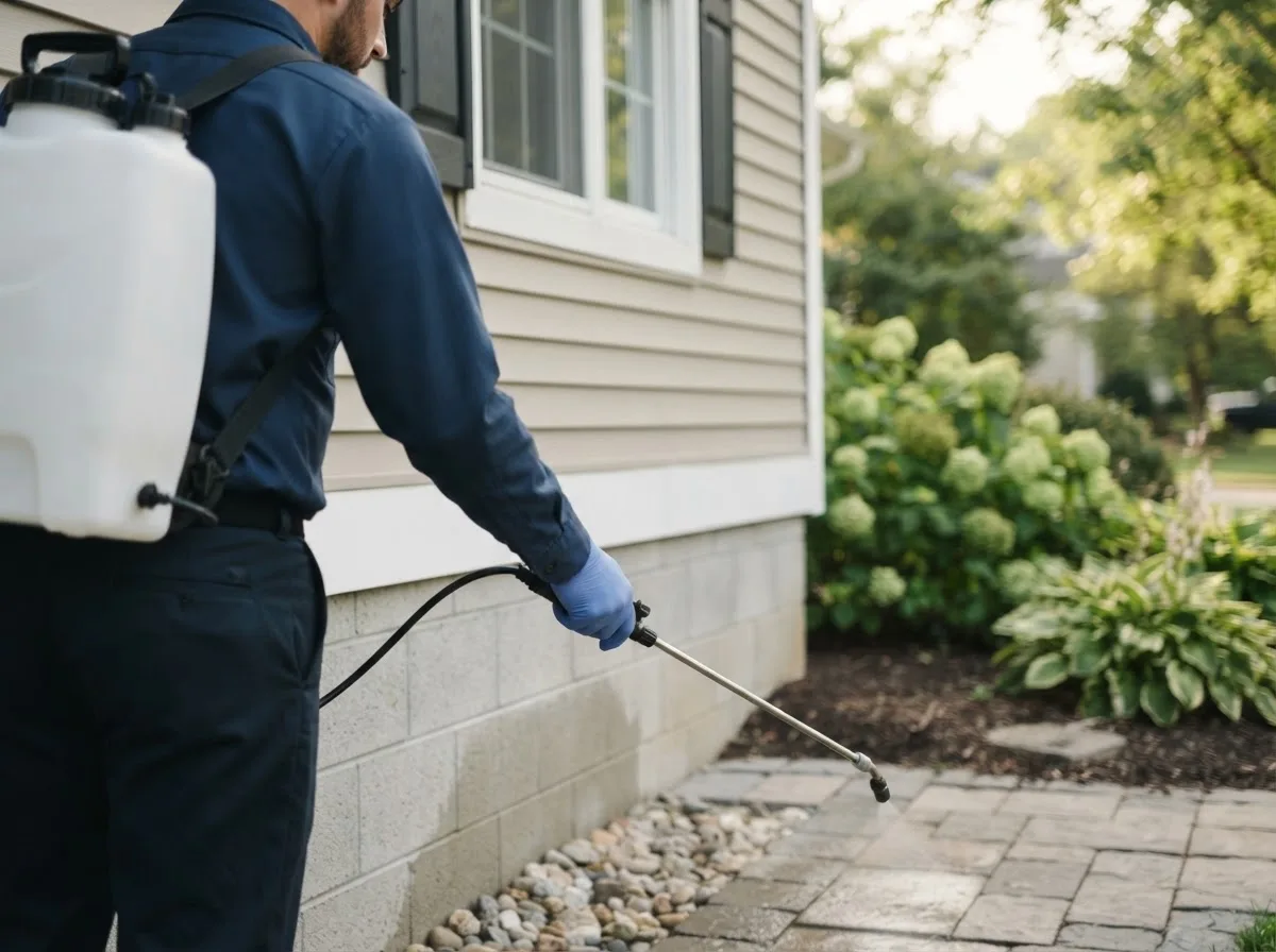 Pest control technician inspecting a home in Harman, WV